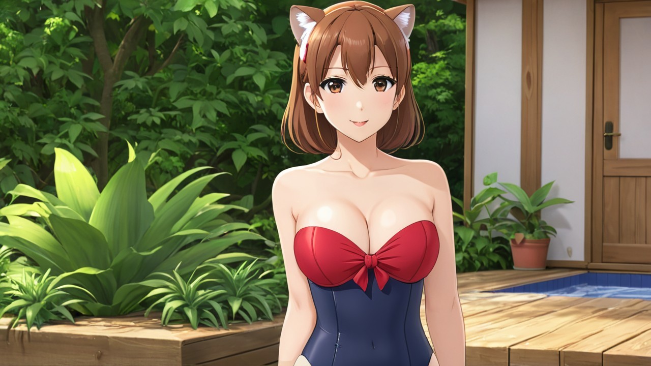 Cheerful anime girl in swimsuit with cat ears outdoors