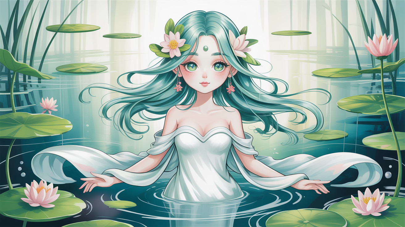 Ethereal Woman Emerging from Water Lily Pond