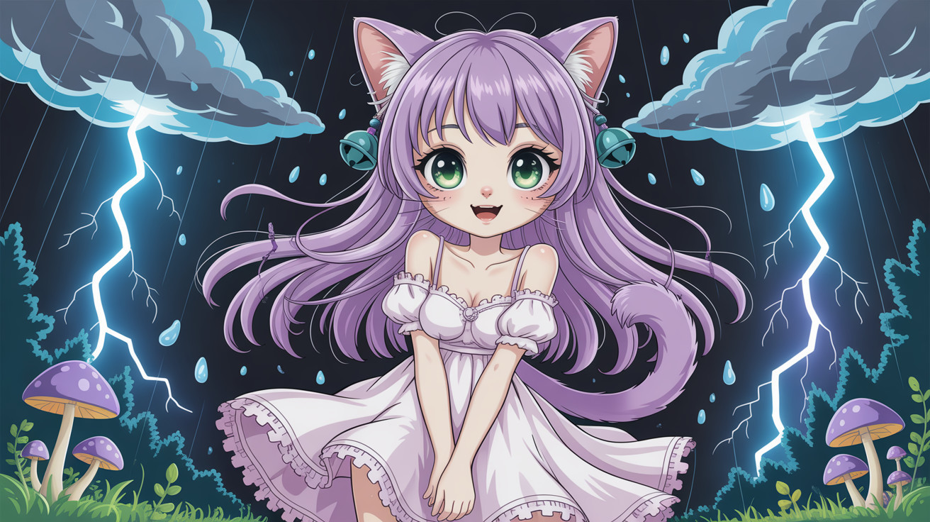 Kitsune girl in magical forest during thunderstorm