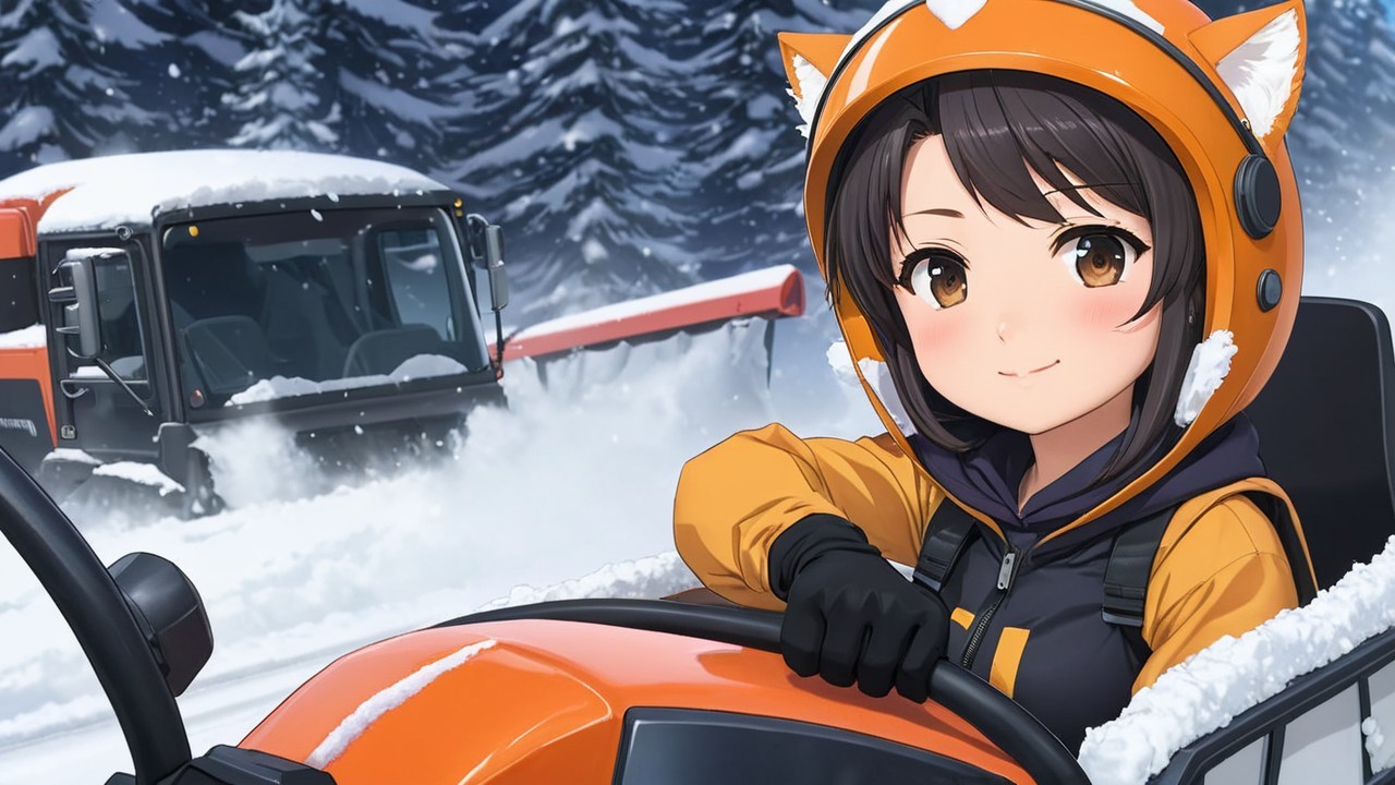 Young girl in cat-eared helmet in snowplow scene