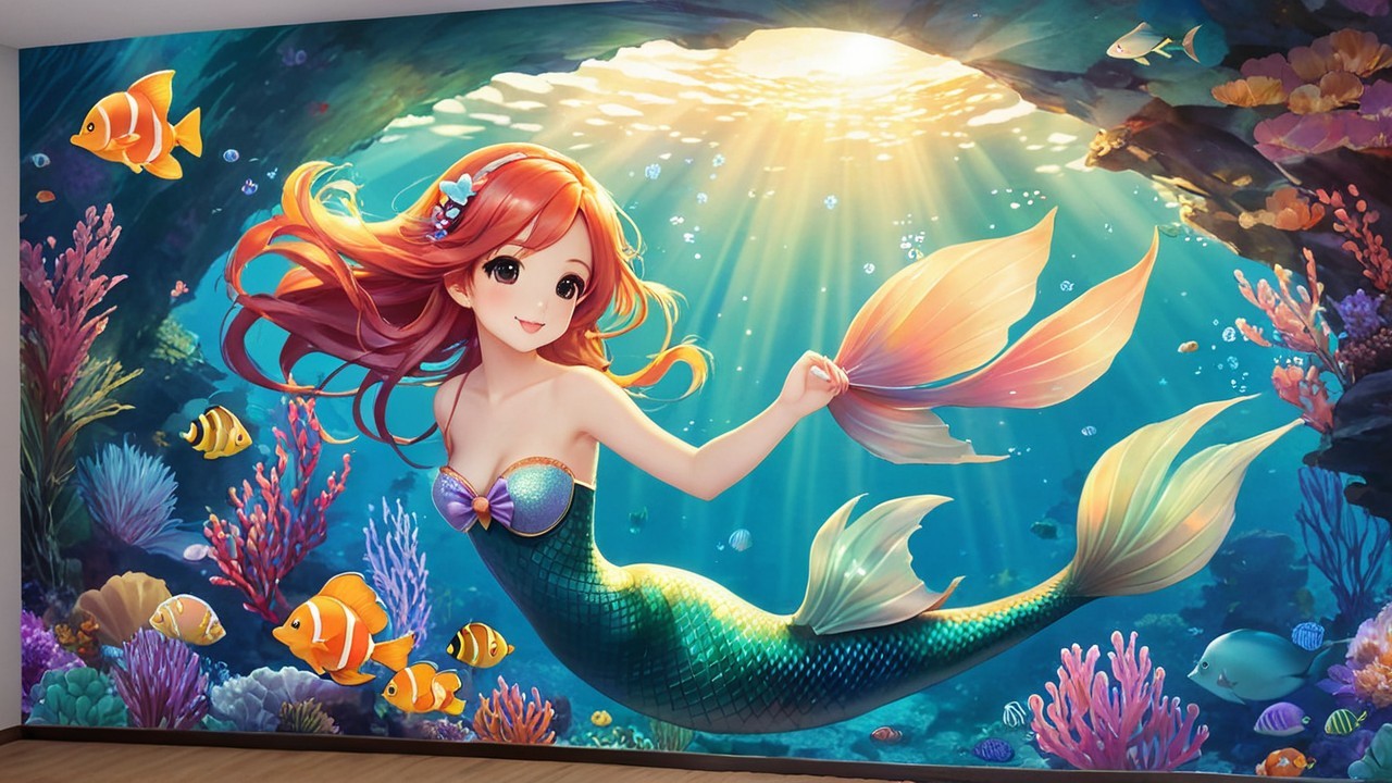 Charming Anime Mural Featuring a Mermaid
