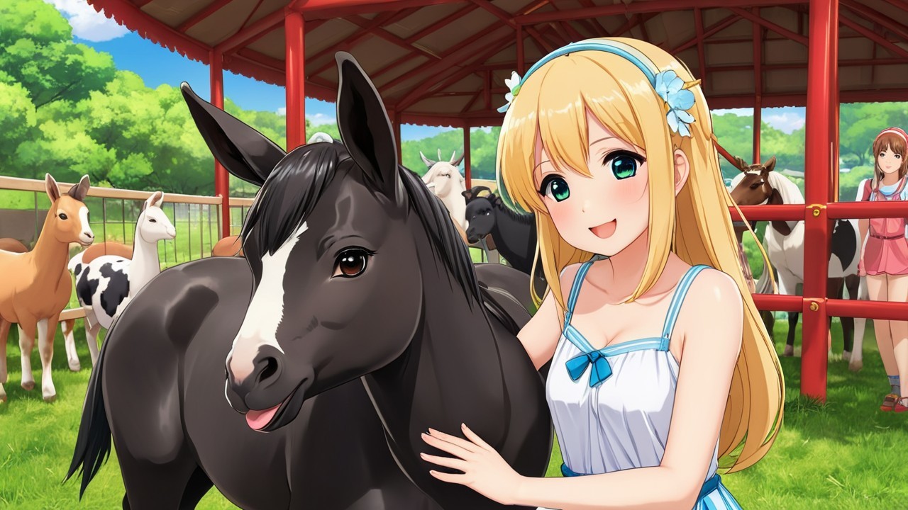 Young girl with blonde hair pets black horse in barnyard