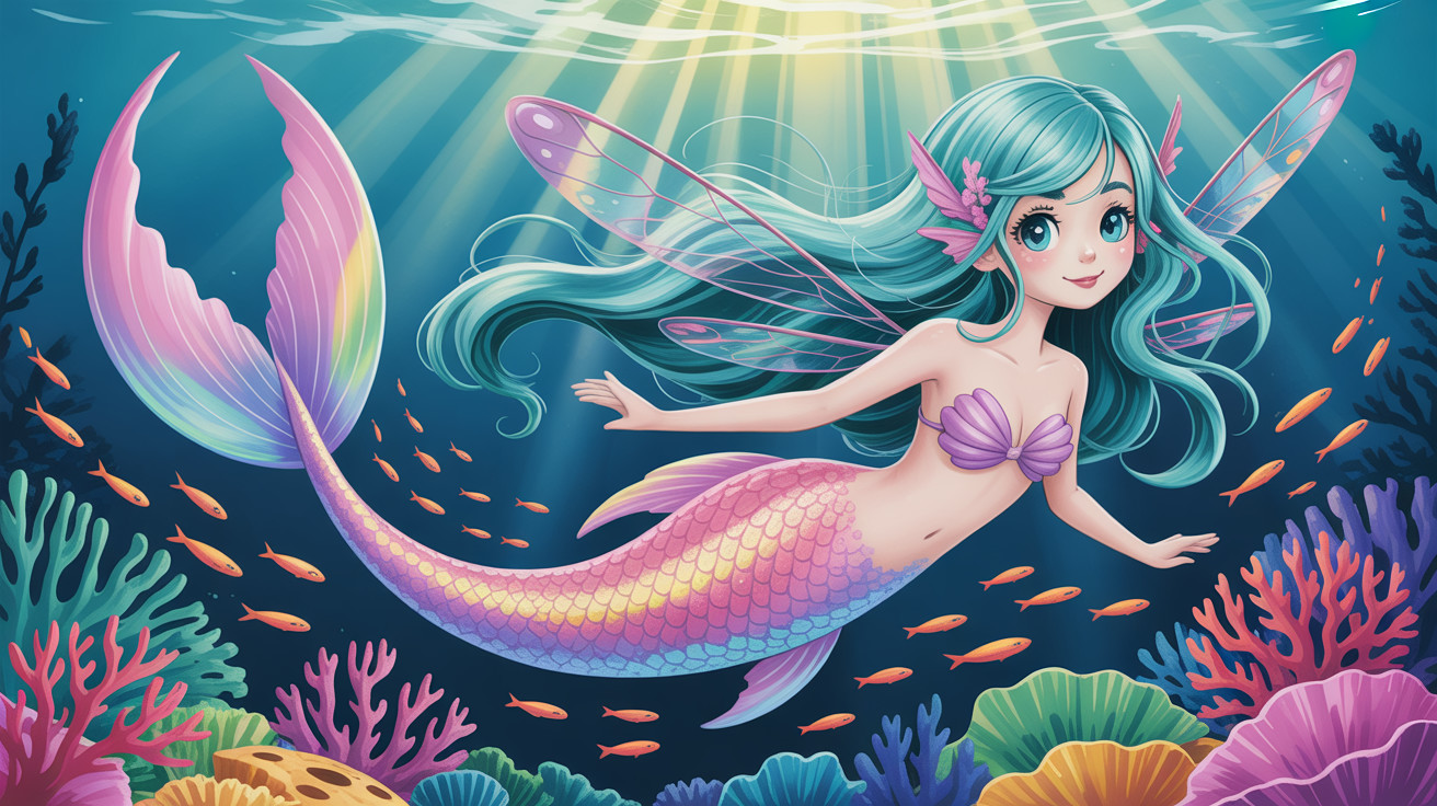 Underwater Fantasy Illustration of a Mermaid and Coral Reefs