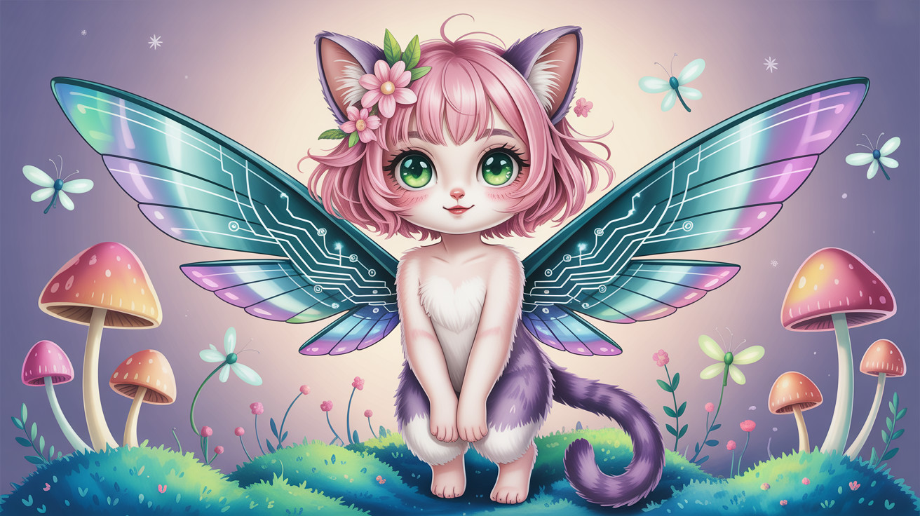 Chibi-style kitten creature in a magical forest setting
