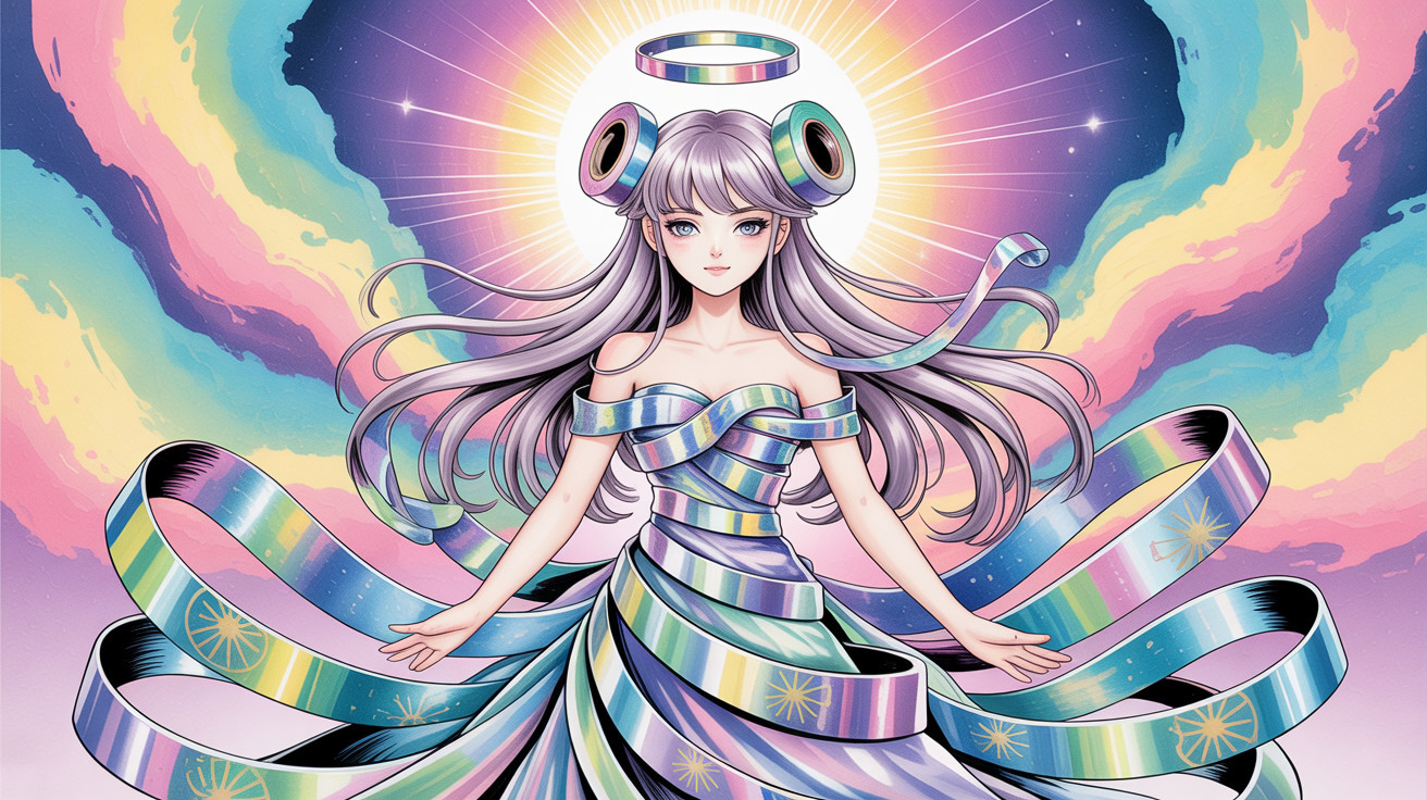 Anime-style goddess with multicolored striped halo