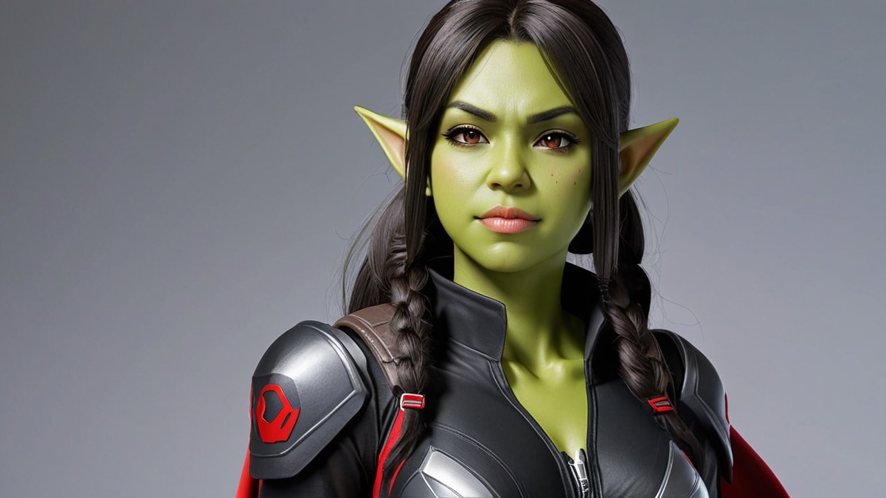 Female Character with Green Skin in Black Suit