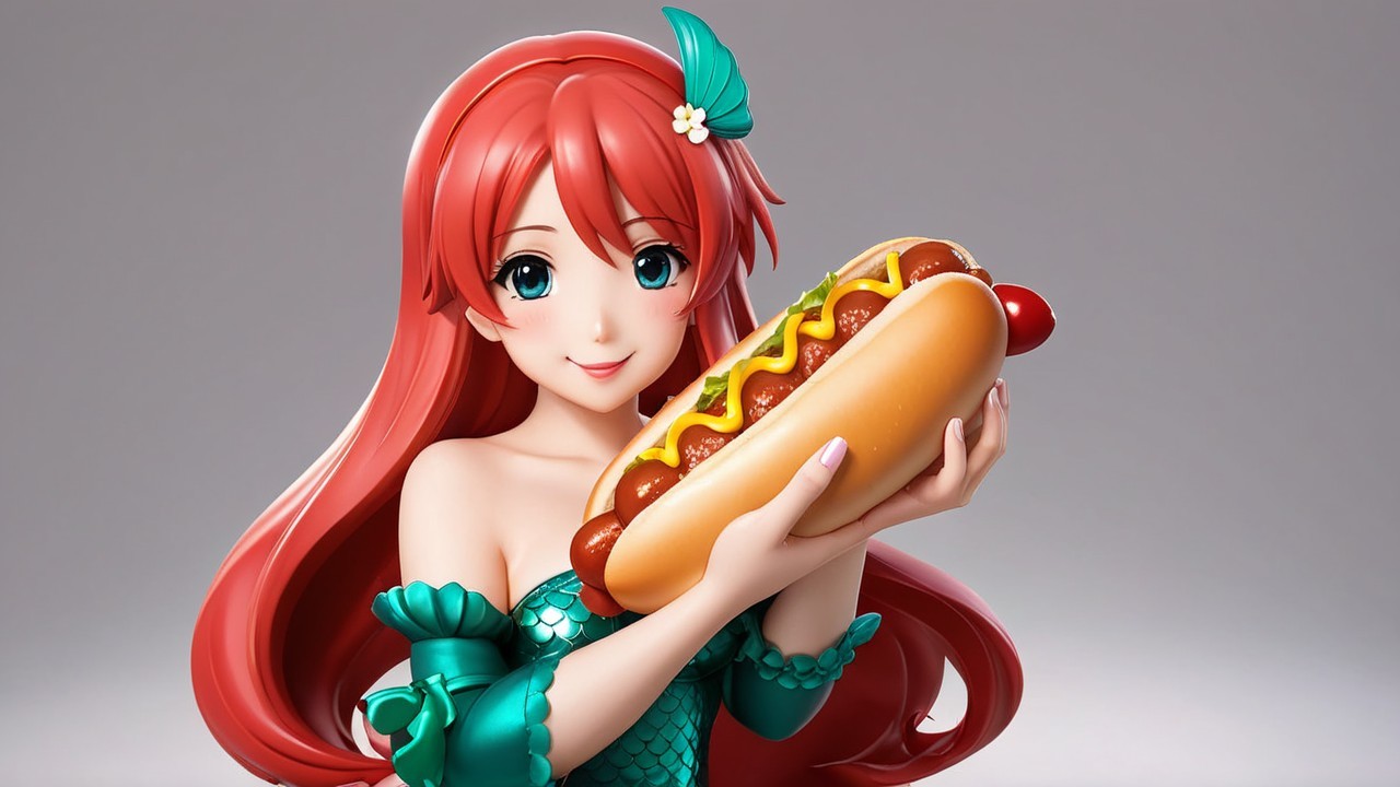 Anime Character with Red Hair and Hot Dog in Green Outfit