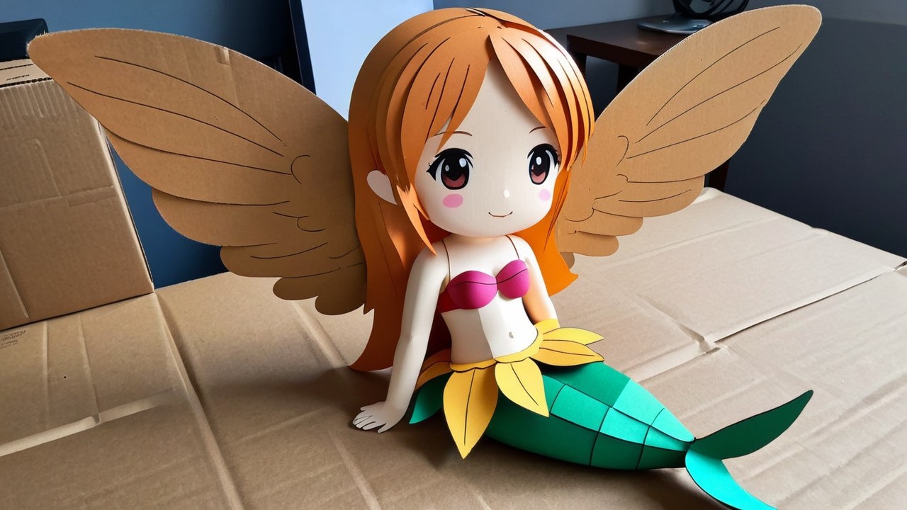 Whimsical paper craft mermaid with feathered wings