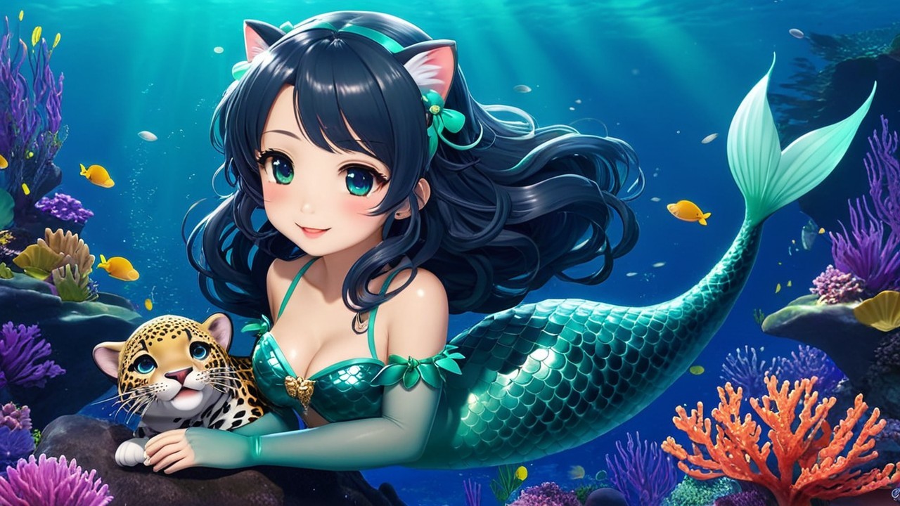 Underwater Scene with Mermaid and Leopard Cub