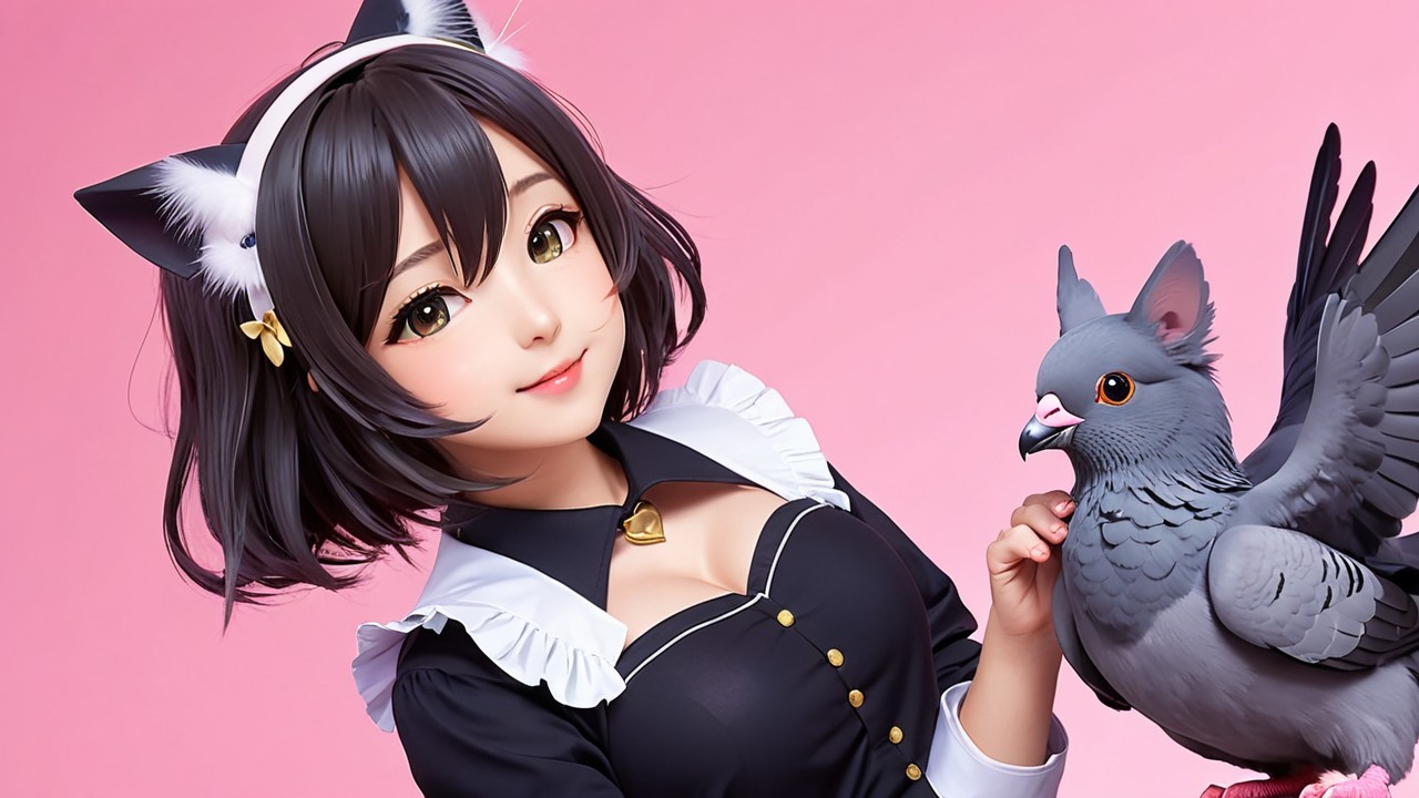 Cheerful Cat-like Character in Maid Outfit with Pigeon