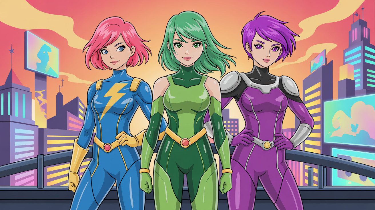 Superheroines in Colorful Suits Against Futuristic Skyline