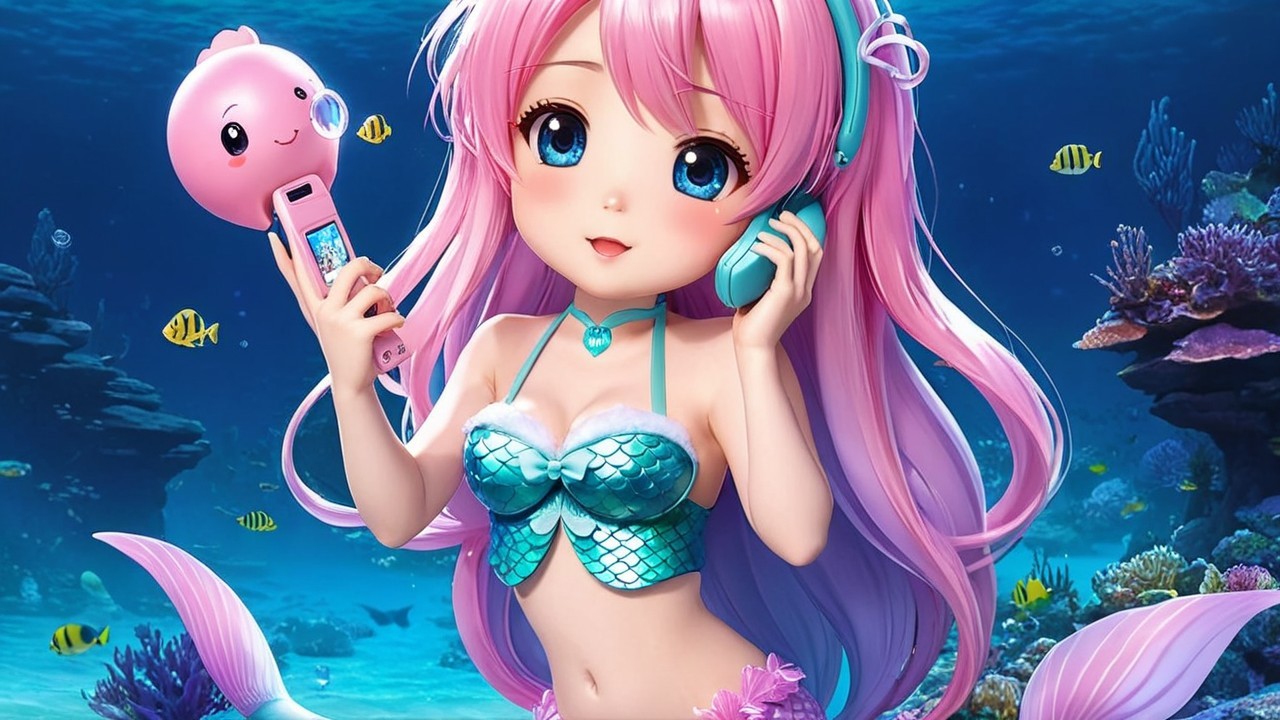 Animated mermaid girl in colorful underwater scene