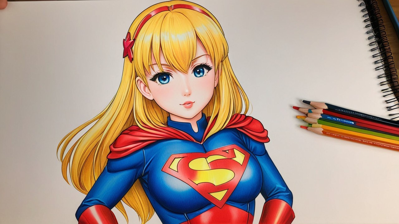 Stylized Female Superhero Illustration with Colored Pencils