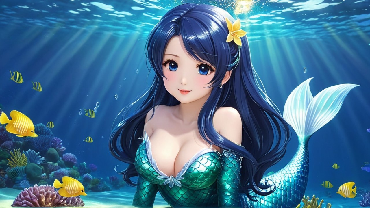 Underwater Scene with Mermaid and Colorful Fish