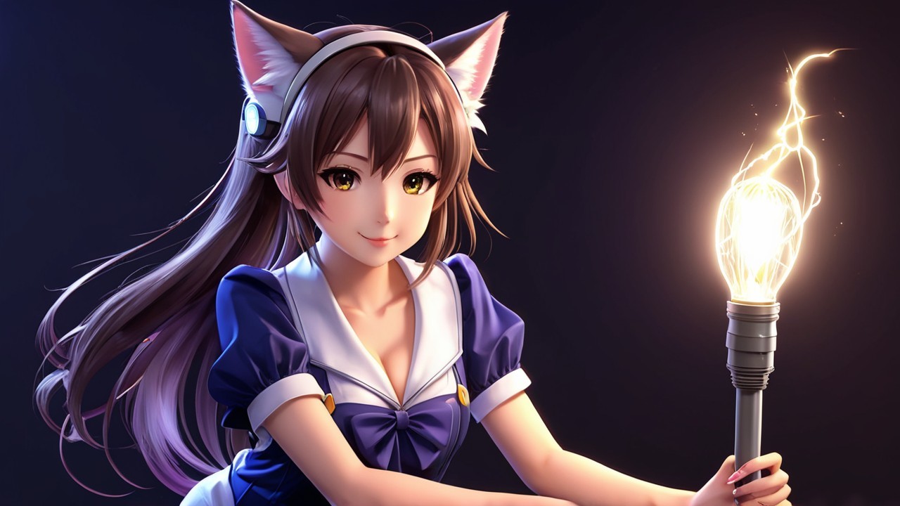 Youthful character with cat ears and glowing lightbulb