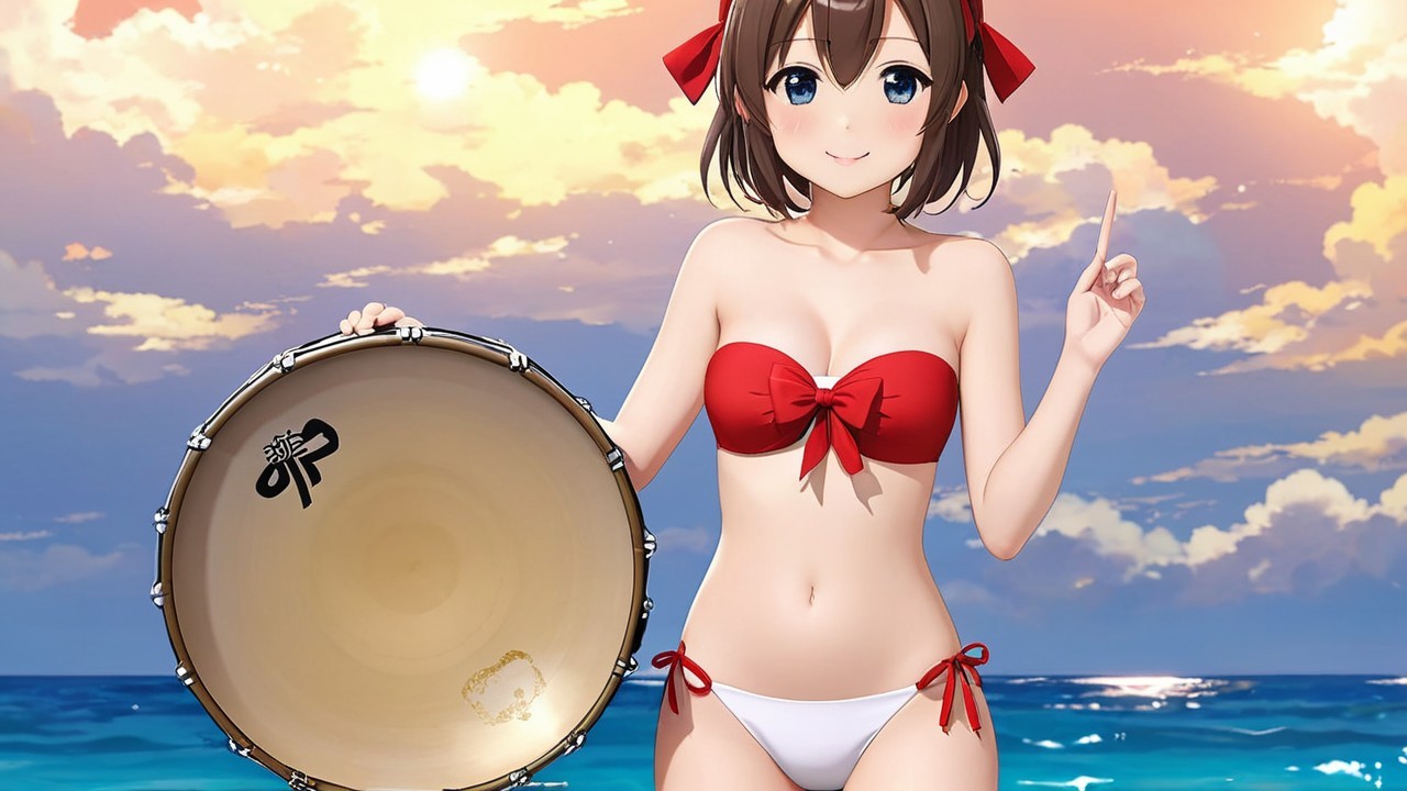 Cheerful character on beach with sunset backdrop