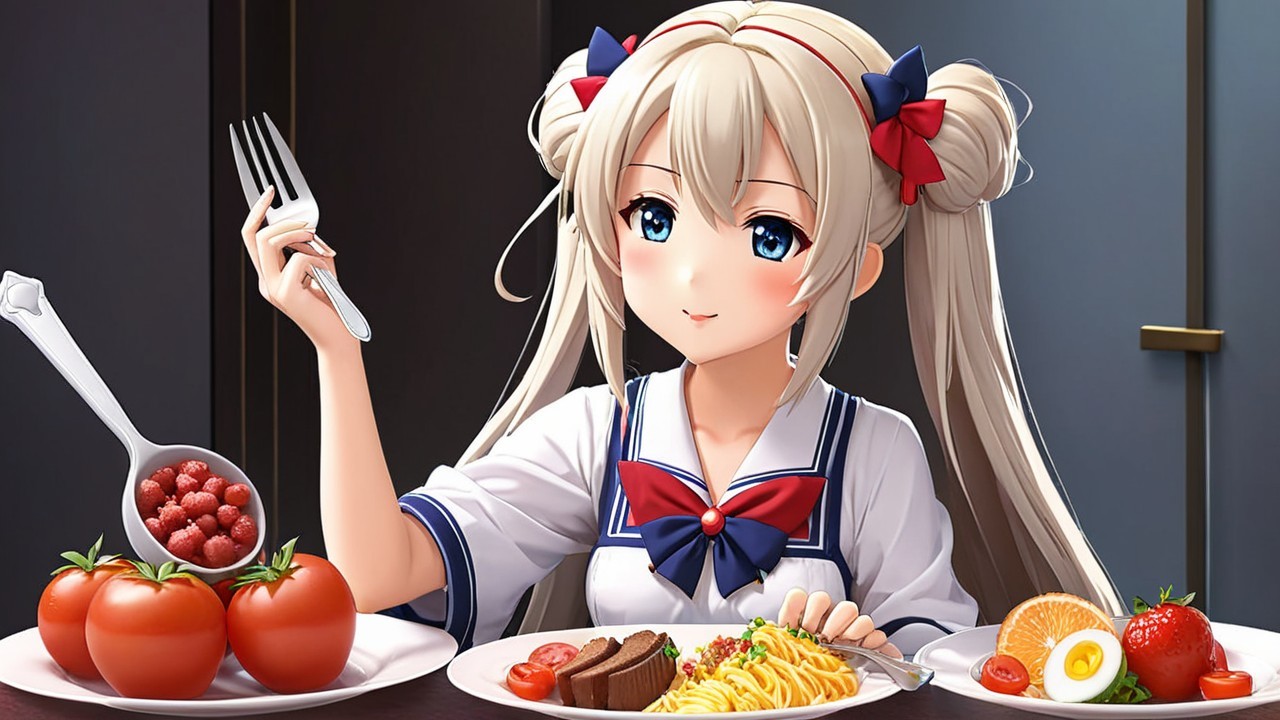 Cheerful anime girl at a dining table with food