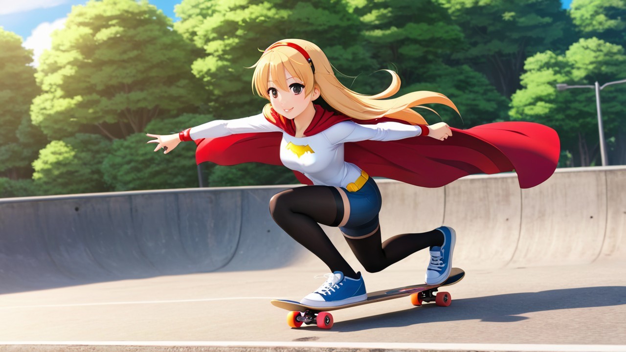 Anime Girl Skateboarding in a Lush Park Setting