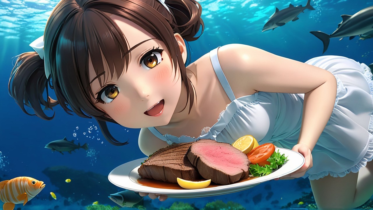 Cheerful girl underwater with gourmet steak dish