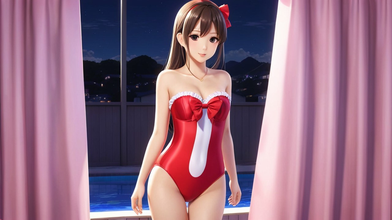 Young Woman in Red Swimsuit by Night Scene Curtain