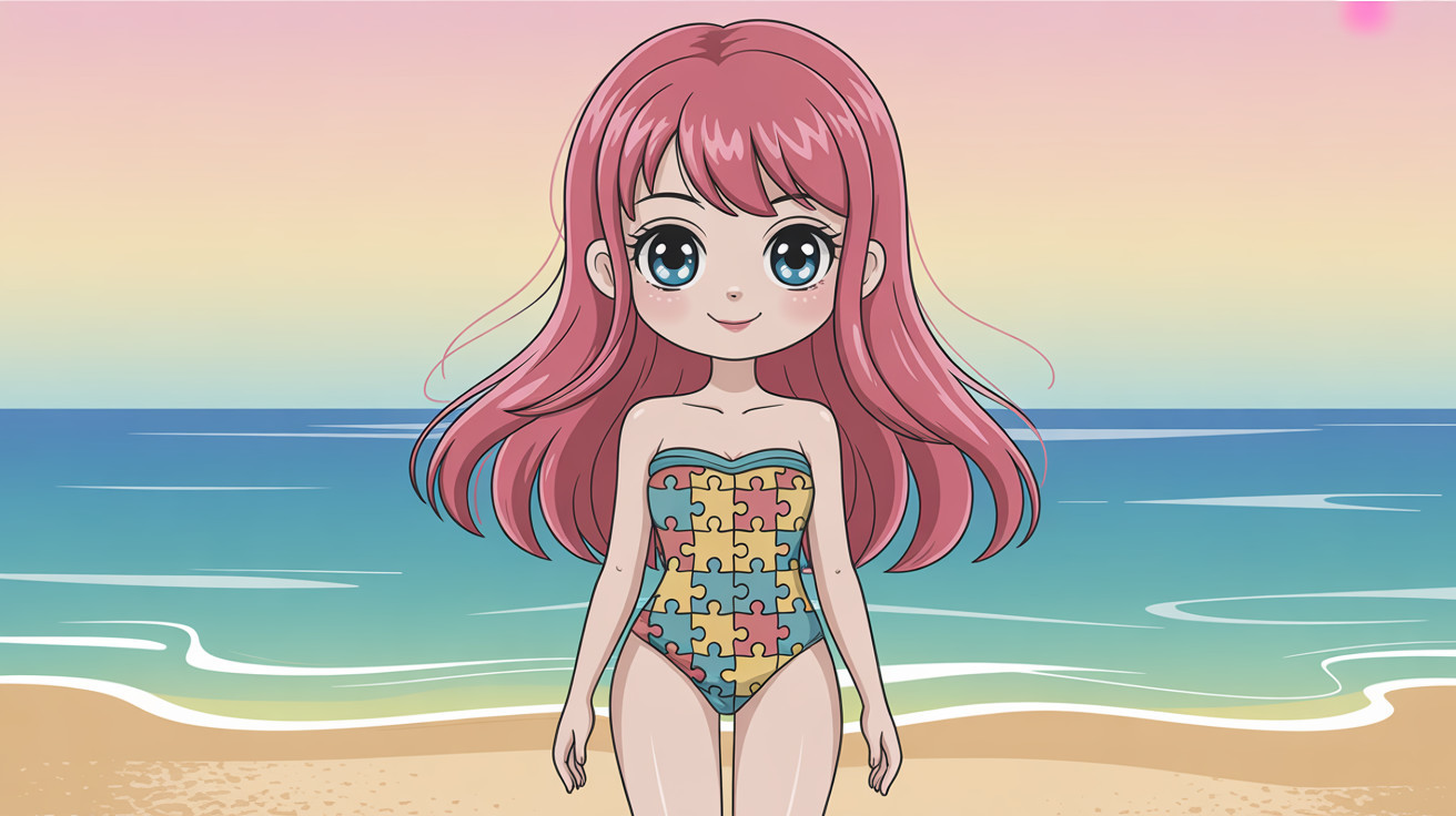 Colorful Anime Drawing of Girl on Beach with Swimsuit