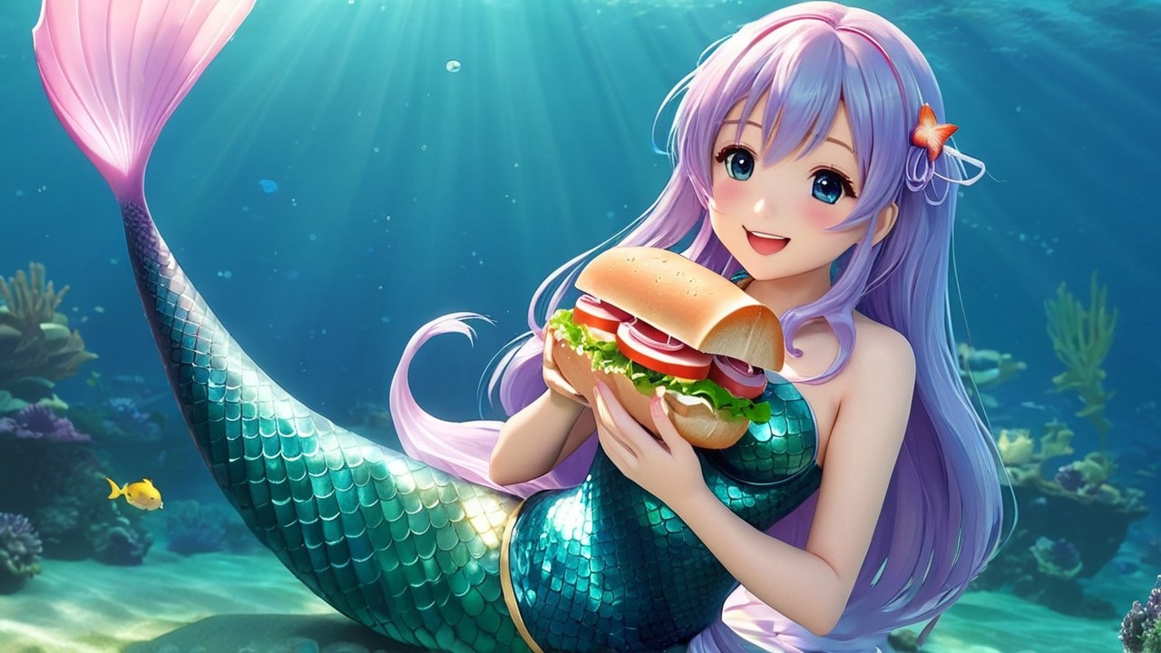 Whimsical Underwater Scene with Mermaid and Sub Sandwich