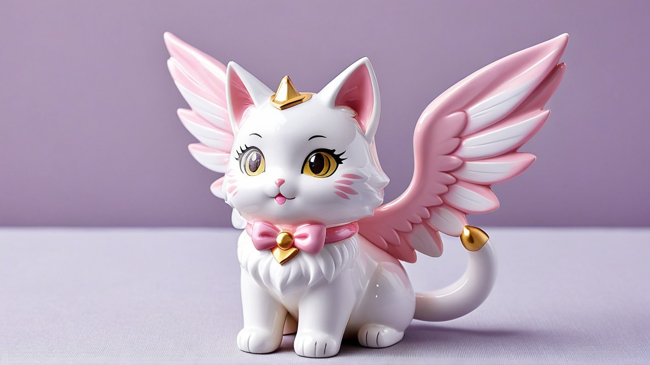 Stylized Cat Figurine with Wings and Crown Details