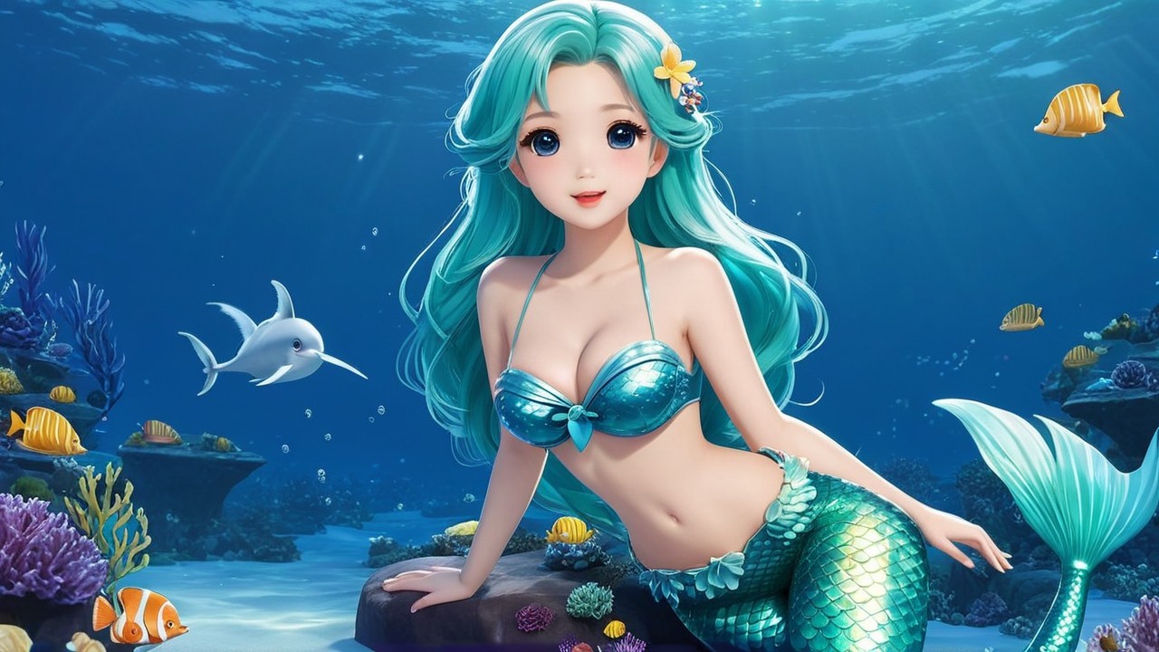 Vibrant Underwater Scene with Mermaid and Coral