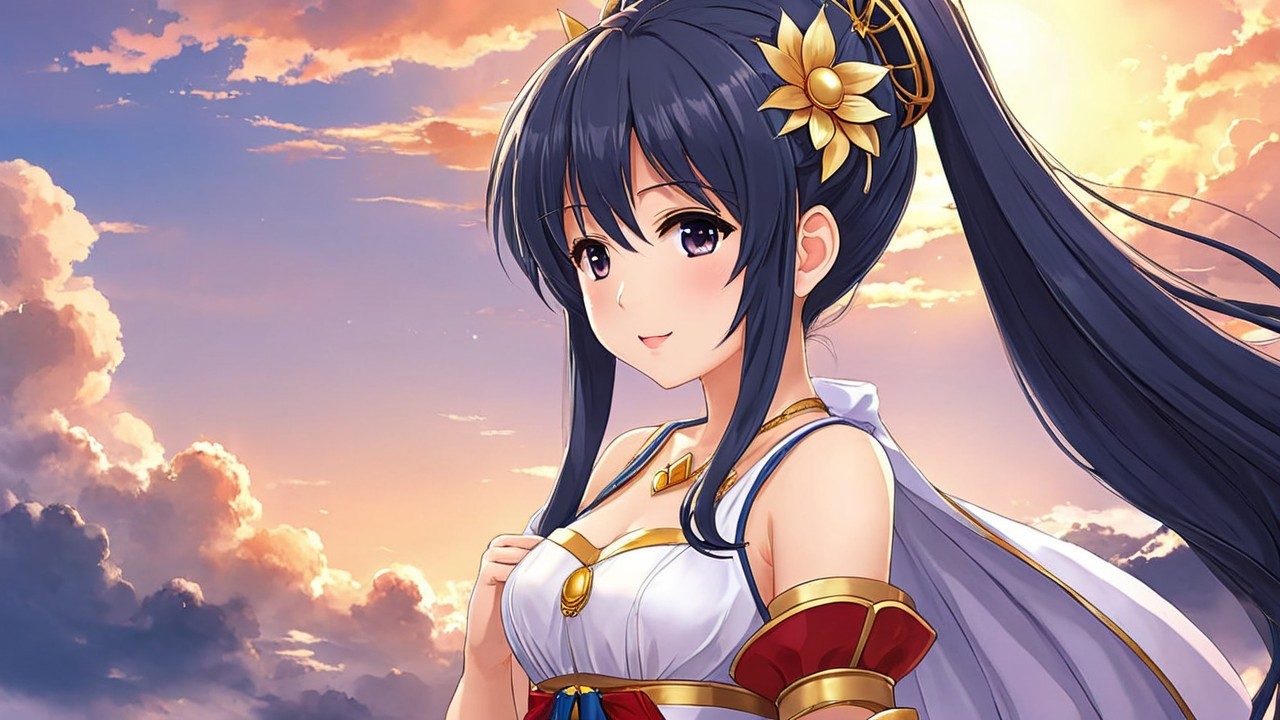 Young woman in ornate dress with sunset backdrop