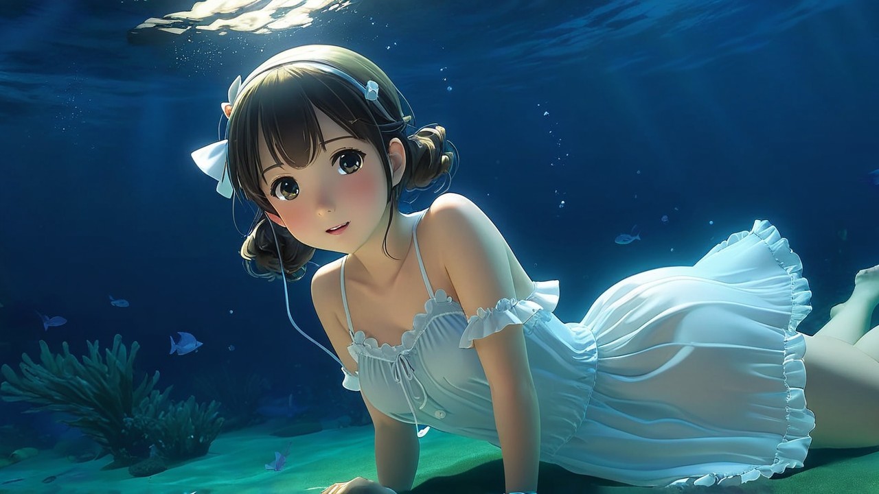 Anime Illustration of Girl Underwater with Fish