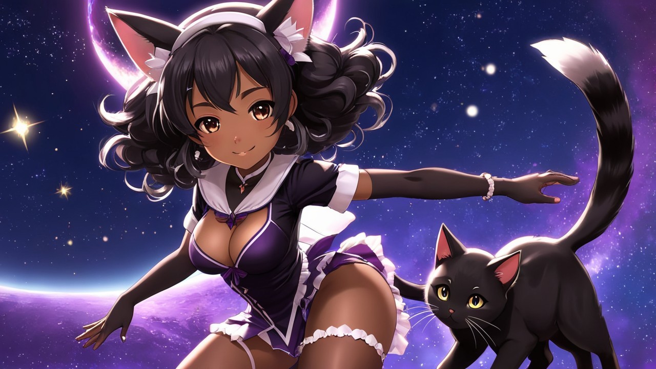 Playful Character in Cosmic Maid Outfit with Cat Ears