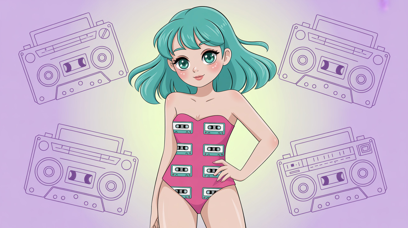 Anime Character in Pink Swimsuit with Retro Boomboxes