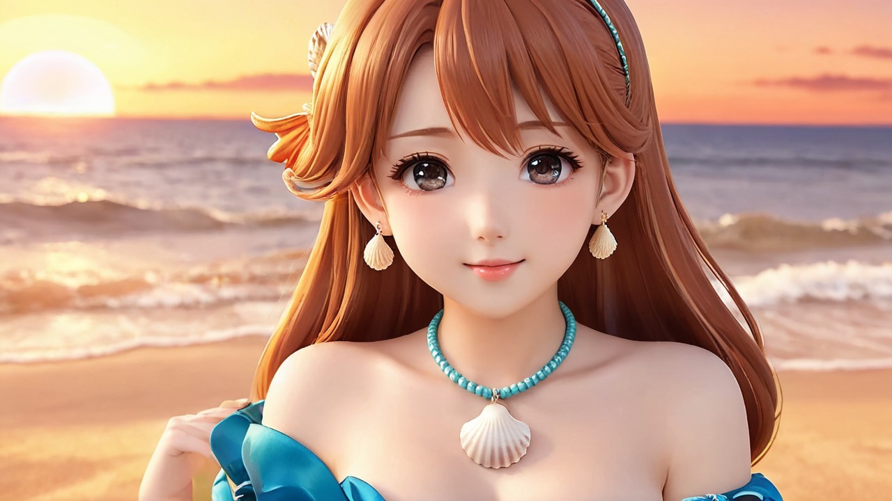 Young woman in blue top on beach at sunset