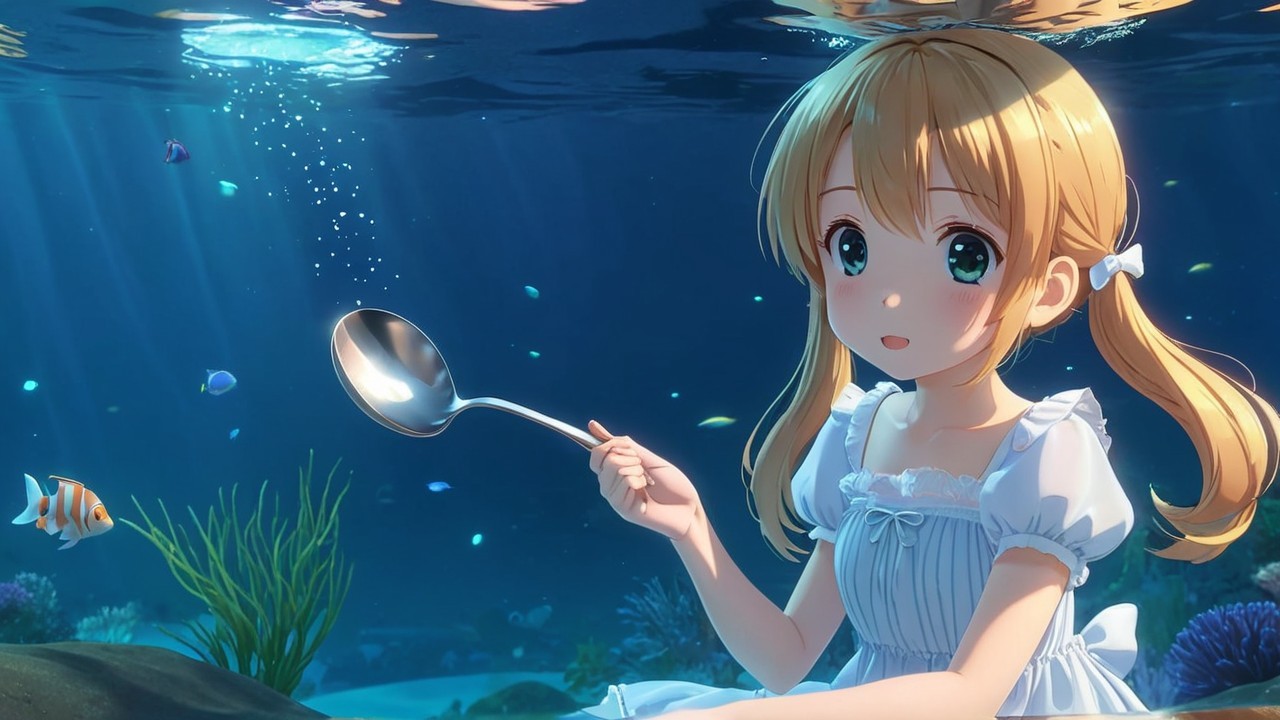 Young girl underwater with spoon and colorful fish