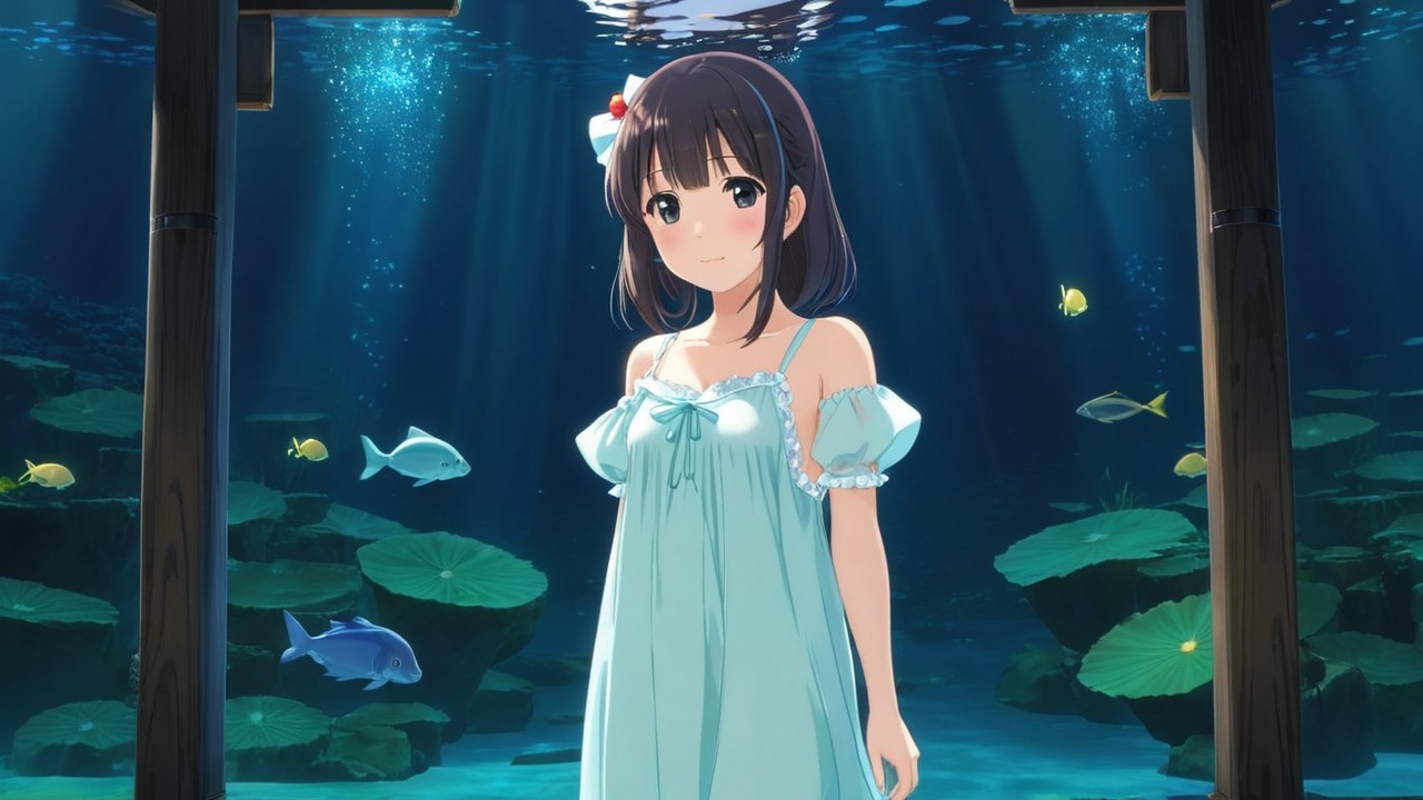 Young girl underwater with fish and lily pads