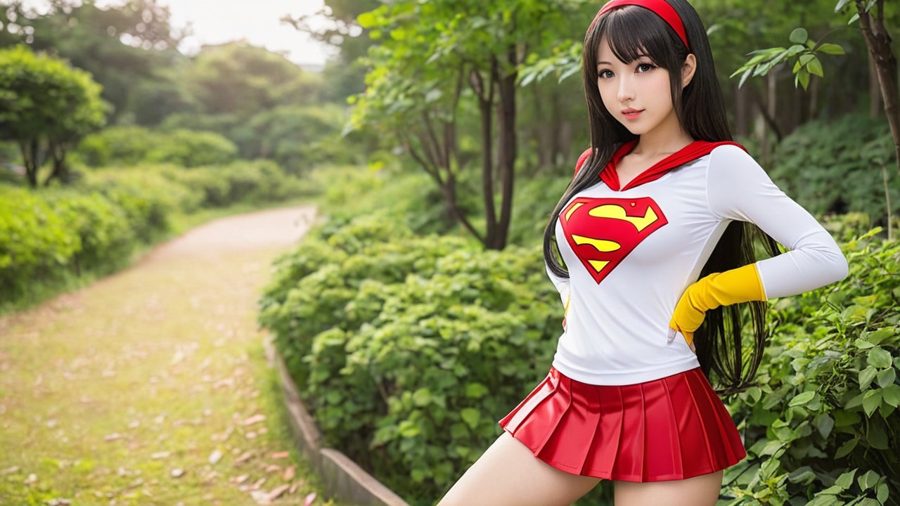 Young woman in vibrant superhero costume in park