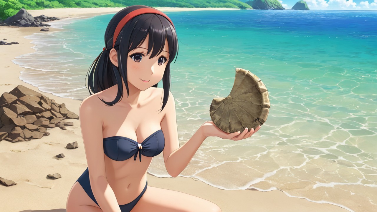 Young woman on beach with seashell and turquoise waves