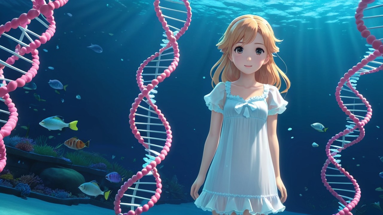 Underwater Scene with Girl, Fish, and DNA Strands
