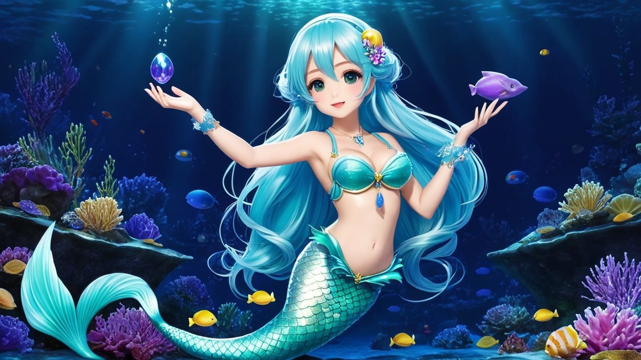 Vibrant Underwater Scene with Cheerful Mermaid