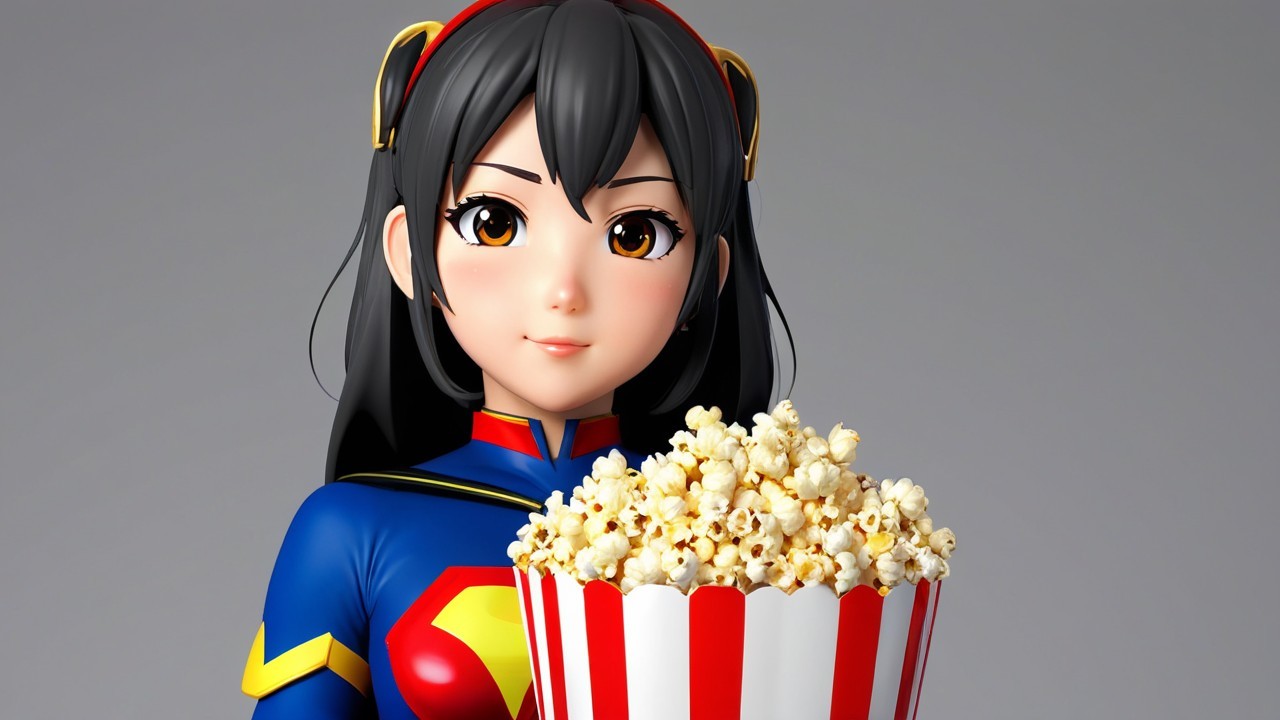 Young woman in superhero costume with popcorn bucket