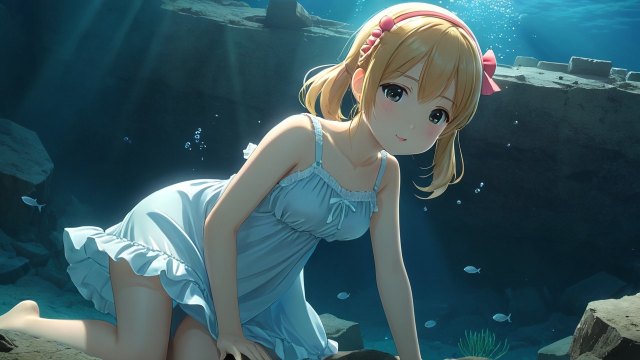 Young girl in blue dress underwater with fish and light