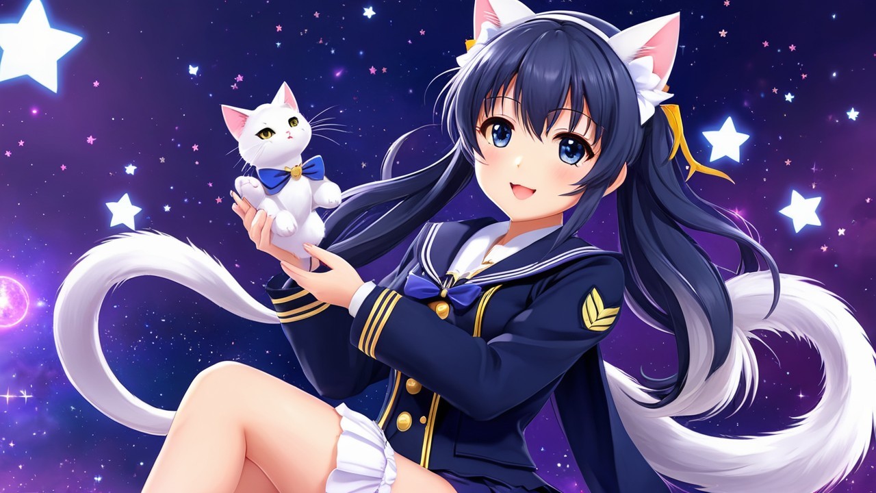 Cheerful girl in sailor outfit with cat in cosmic scene