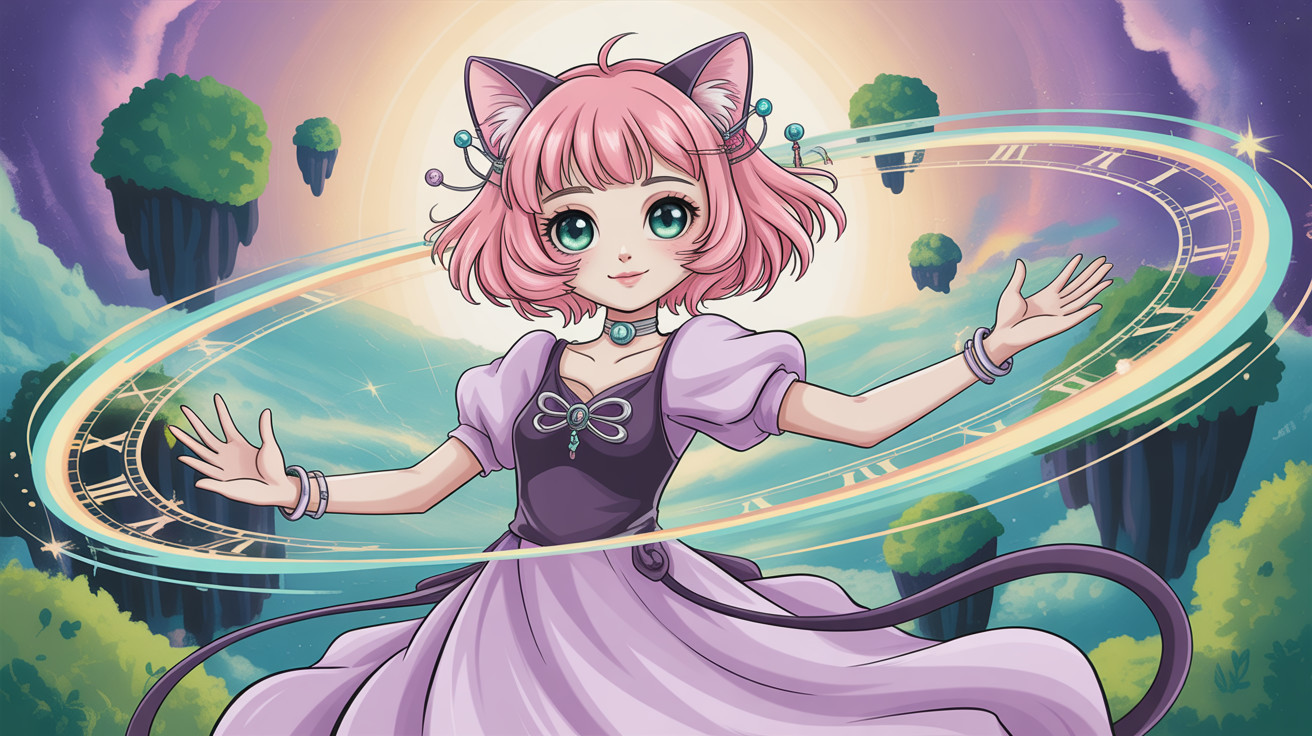 Anime Cat-Girl in Dreamy Floating Islands Landscape