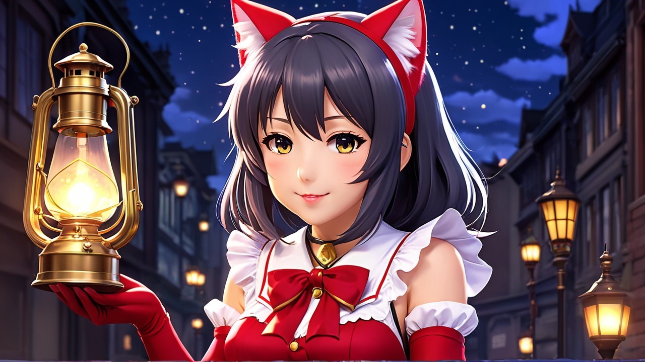 Young woman in festive red outfit with lantern at night