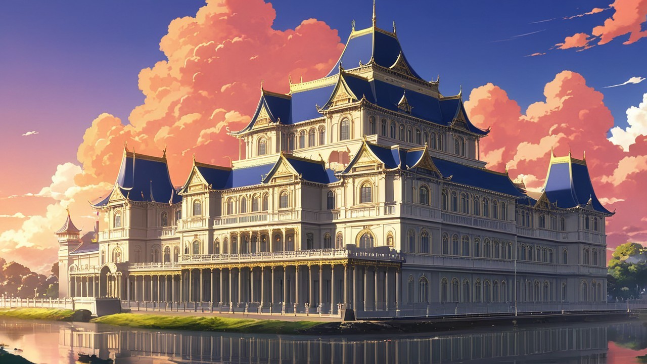 Majestic palace with intricate architecture and sunset sky