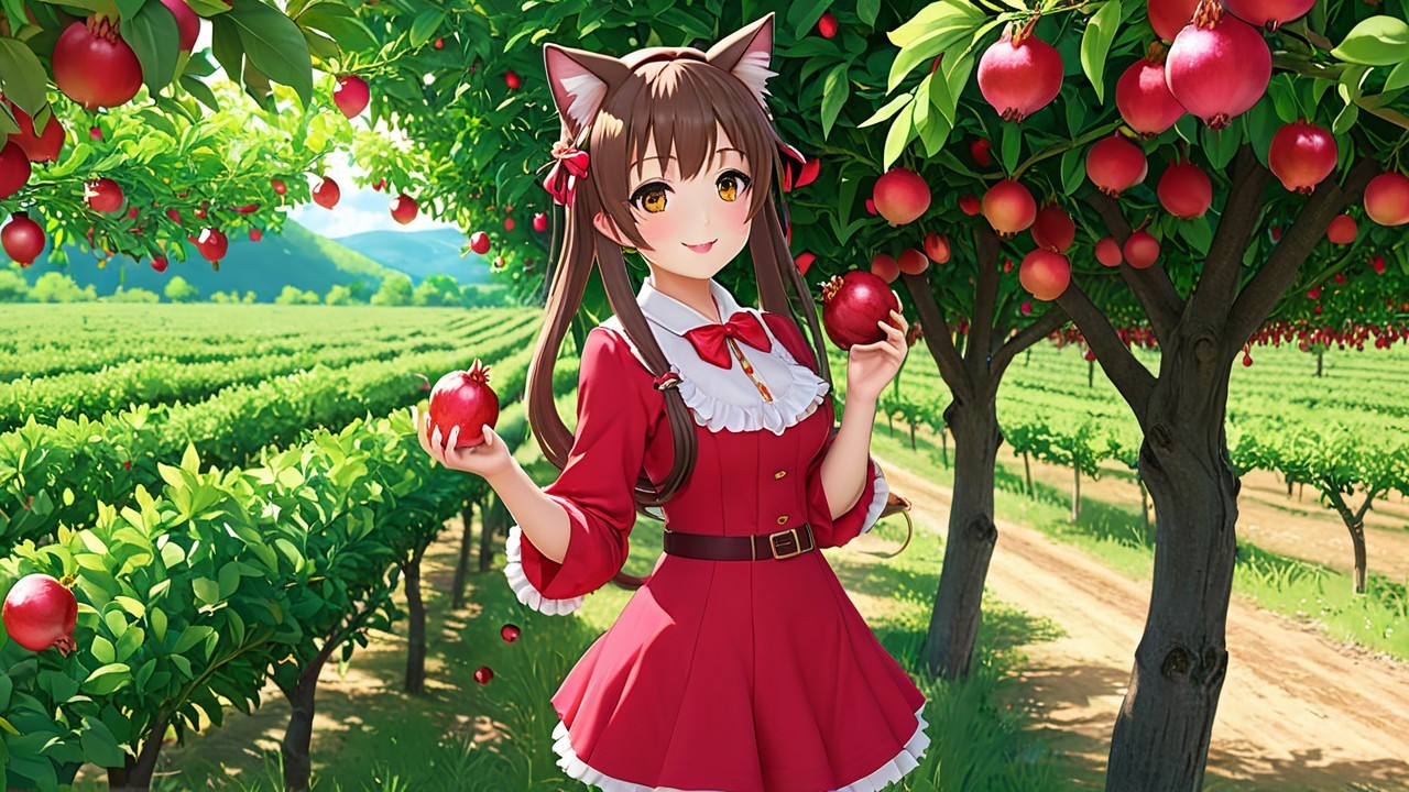 Cheerful girl in apple orchard with red dress and apples