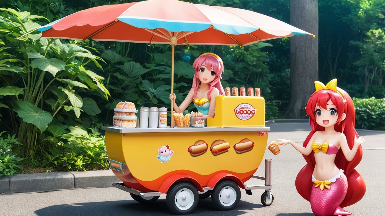 Colorful Food Cart with Mermaid Vendor in Park