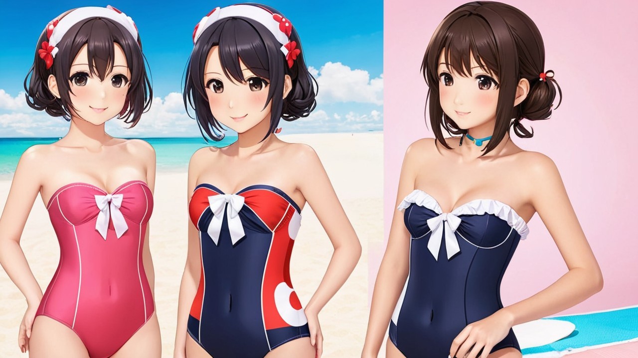 Animated Characters in Colorful Swimsuits at Beach