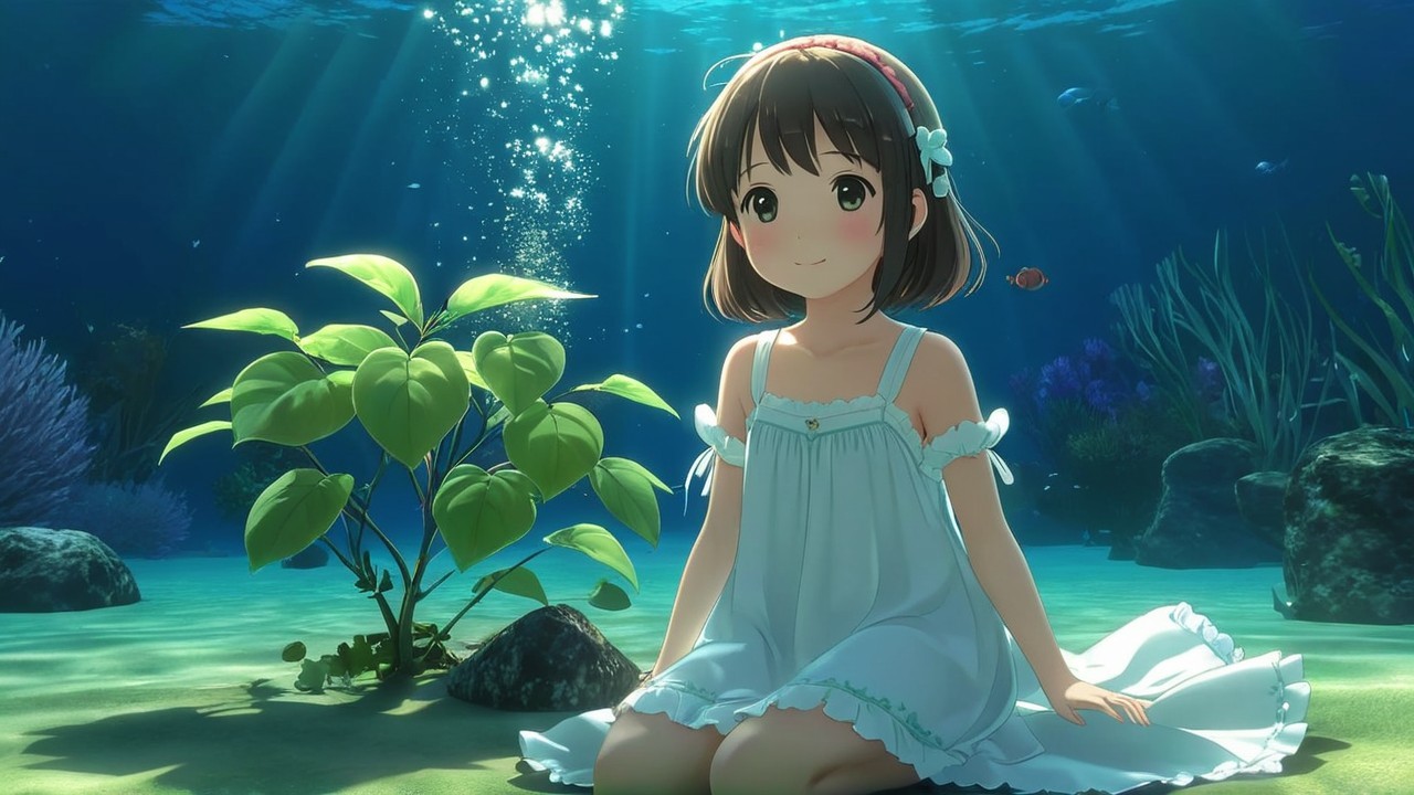 Young girl in blue dress on ocean floor with plants