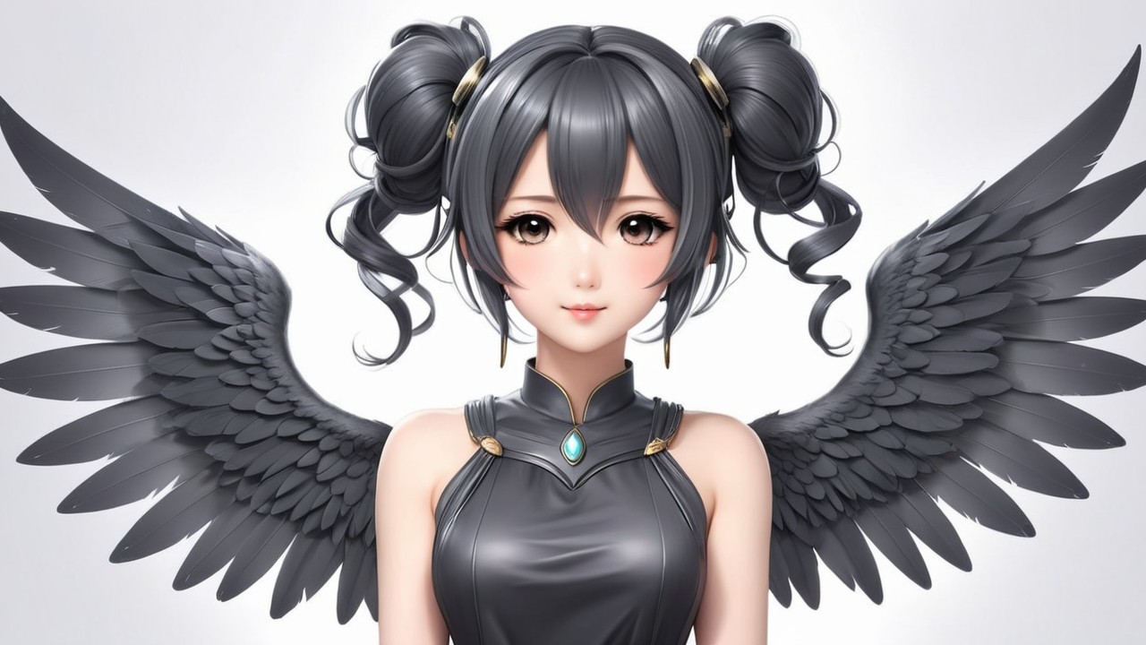 Young woman with black hair and elegant wings